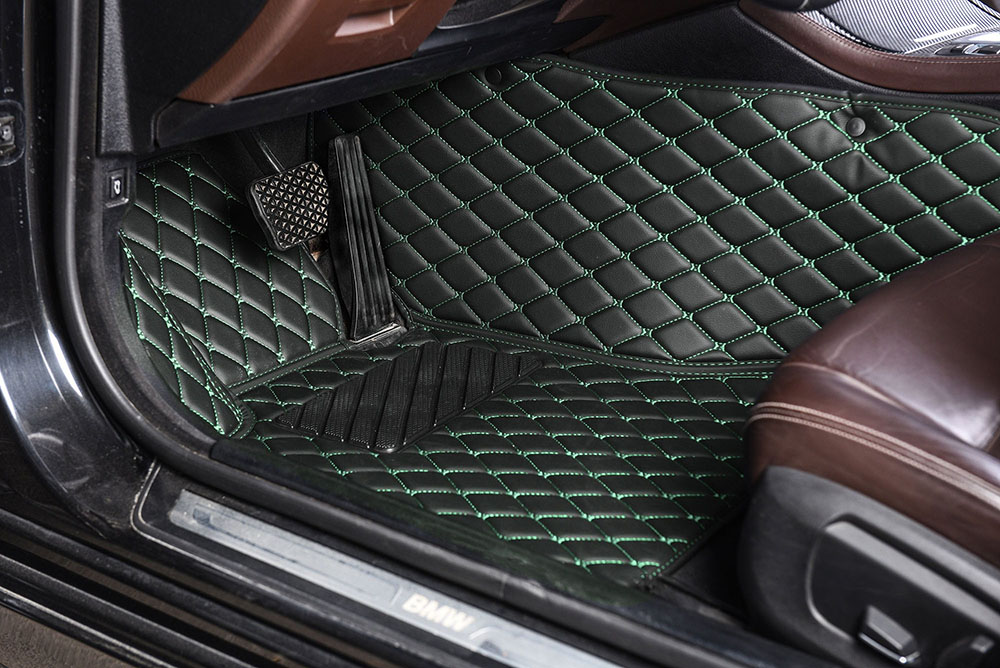 Custom Black and Green Stitching Luxury Leather Diamond Car Mats Canada