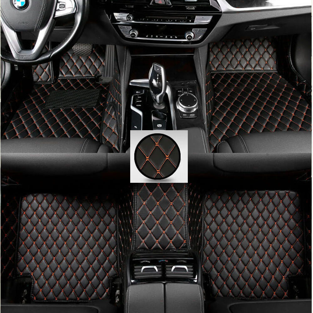 Custom Black and Orange Stitching Luxury Leather Diamond Car Mats Canada