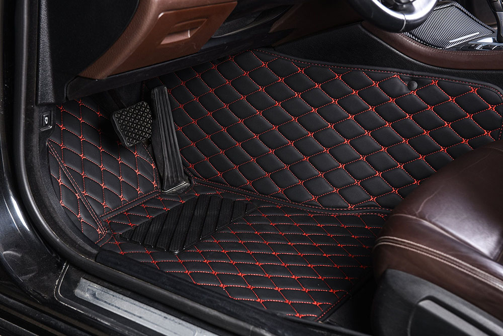 Custom Black and Red Stitching Luxury Leather Diamond Car Mats Canada